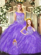 Sleeveless Organza Floor Length Lace Up Quinceanera Gowns in Eggplant Purple with Beading and Ruffles