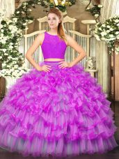 Eye-catching Floor Length Fuchsia Quinceanera Gown Tulle Sleeveless Ruffled Layers
