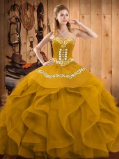Ideal Floor Length Gold Quinceanera Dress Organza Sleeveless Embroidery and Ruffles