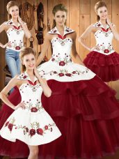 Sleeveless Sweep Train Lace Up With Train Embroidery and Ruffled Layers Quince Ball Gowns