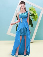 Colorful Baby Blue Lace Up Prom Gown Beading and Sequins Sleeveless High Low