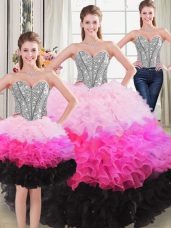 Sleeveless Floor Length Beading and Ruffles Lace Up Quinceanera Dress with Multi-color