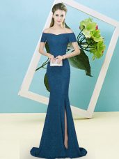 Blue Sequined Zipper Prom Party Dress Long Sleeves Sweep Train Sequins