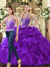 Eggplant Purple Ball Gowns Tulle Straps Sleeveless Beading and Ruffles Floor Length Lace Up Ball Gown Prom Dress