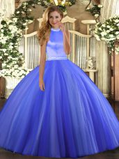 Blue Sleeveless Floor Length Beading Backless Vestidos de Quinceanera