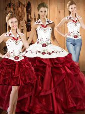 Glamorous Embroidery and Ruffles 15th Birthday Dress Wine Red Lace Up Sleeveless Floor Length