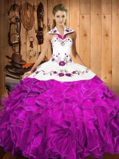 Smart Satin and Organza Sleeveless Floor Length 15th Birthday Dress and Embroidery and Ruffles
