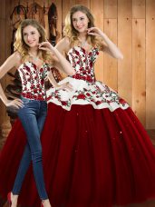 Wine Red Satin and Tulle Lace Up Sweetheart Sleeveless Floor Length 15th Birthday Dress Embroidery
