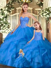Sophisticated Floor Length Blue Quinceanera Gown Sweetheart Sleeveless Lace Up
