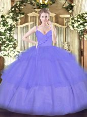 Luxury Lavender Organza Zipper Quinceanera Dresses Sleeveless Floor Length Ruffled Layers