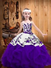 Floor Length White And Purple Little Girl Pageant Dress Organza Sleeveless Embroidery and Ruffles