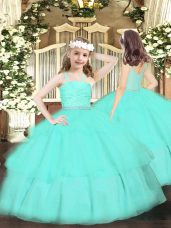 Apple Green Zipper Little Girls Pageant Dress Beading and Lace and Ruffled Layers Sleeveless Floor Length