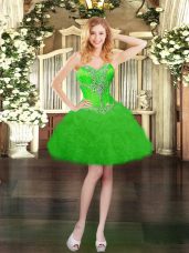 Sleeveless Organza Mini Length Lace Up Prom Gown in Green with Beading and Ruffles and Pick Ups