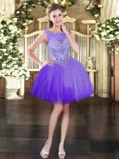 Traditional Tulle Scoop Sleeveless Lace Up Beading Homecoming Dress in Purple