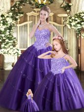 Sleeveless Floor Length Beading Lace Up Quinceanera Dresses with Purple