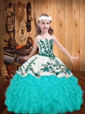 Aqua Blue Zipper Little Girls Pageant Gowns Embroidery and Ruffles Sleeveless Floor Length