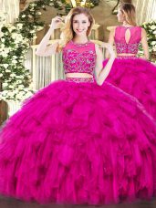 Fuchsia Quinceanera Gown Military Ball and Sweet 16 and Quinceanera with Beading and Ruffles Scoop Sleeveless Zipper