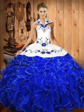 Blue And White Sleeveless Embroidery and Ruffles Floor Length Sweet 16 Dresses