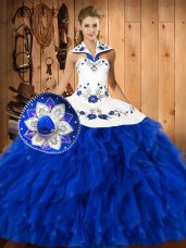 Spectacular Ball Gowns Vestidos de Quinceanera Blue And White Halter Top Satin and Organza Sleeveless Floor Length Lace Up