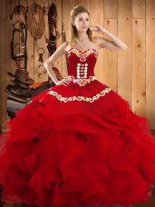 Wine Red Ball Gown Prom Dress Military Ball and Sweet 16 and Quinceanera with Embroidery and Ruffles Sweetheart Sleeveless Lace Up