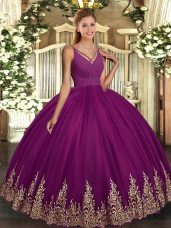 Pretty Floor Length Backless Quince Ball Gowns Fuchsia for Military Ball and Sweet 16 and Quinceanera with Appliques