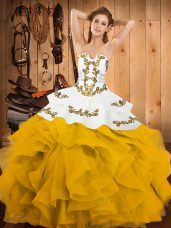 Gorgeous Strapless Sleeveless Satin and Organza Quince Ball Gowns Embroidery and Ruffles Lace Up