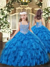 Sweet Baby Blue Straps Neckline Beading and Ruffles Custom Made Sleeveless Lace Up