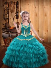 Teal Straps Lace Up Embroidery and Ruffled Layers Pageant Dress Sleeveless
