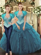 Captivating Floor Length Ball Gowns Sleeveless Teal Quinceanera Gowns Lace Up