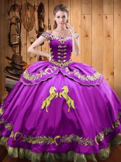 Eggplant Purple Ball Gowns Beading and Embroidery 15 Quinceanera Dress Lace Up Satin and Organza Sleeveless Floor Length