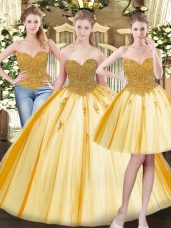 Sleeveless Tulle Floor Length Lace Up Quinceanera Gowns in Gold with Beading and Appliques