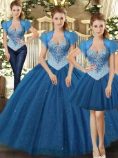 Trendy Teal Ball Gown Prom Dress Military Ball and Sweet 16 and Quinceanera with Beading Straps Sleeveless Lace Up