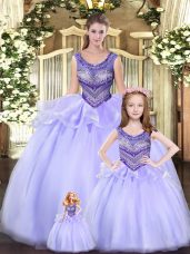 Scoop Sleeveless Tulle 15 Quinceanera Dress Beading and Ruching Lace Up