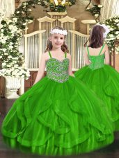Green Tulle Lace Up Straps Sleeveless Floor Length Party Dress Wholesale Beading and Ruffles
