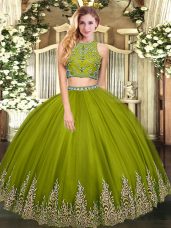 High-neck Sleeveless Quinceanera Gown Floor Length Beading and Appliques Olive Green Tulle