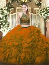 Brown 15th Birthday Dress Military Ball and Sweet 16 and Quinceanera with Beading and Ruffles Halter Top Sleeveless Lace Up