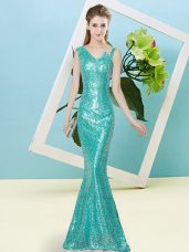 Amazing Teal Prom Gown Prom and Party with Sequins Asymmetric Sleeveless Zipper