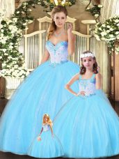 Aqua Blue Tulle Lace Up Quinceanera Dresses Sleeveless Floor Length Beading