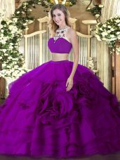 Fuchsia Sleeveless Tulle Backless 15 Quinceanera Dress for Military Ball and Sweet 16 and Quinceanera