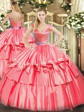 Hot Pink Sleeveless Tulle Zipper Quinceanera Gown for Military Ball and Sweet 16 and Quinceanera