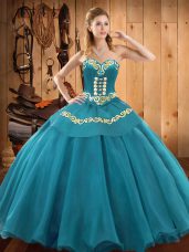 Glorious Teal Ball Gowns Sweetheart Sleeveless Tulle Floor Length Lace Up Embroidery Quinceanera Gowns