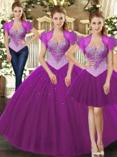 Fuchsia Lace Up Vestidos de Quinceanera Beading Sleeveless Floor Length