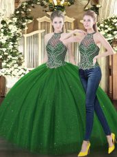 Attractive Dark Green Tulle Lace Up 15th Birthday Dress Sleeveless Floor Length Beading