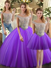 Exceptional Floor Length Lace Up Quince Ball Gowns Eggplant Purple for Military Ball and Sweet 16 and Quinceanera with Beading