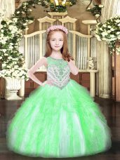 Latest Floor Length Apple Green Casual Dresses Organza Sleeveless Beading and Ruffles