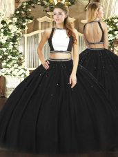 High Quality Floor Length Black Quinceanera Dresses Tulle Sleeveless Ruching