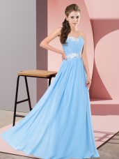 Appliques Prom Evening Gown Aqua Blue Lace Up Sleeveless Floor Length