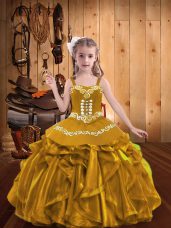Gold Organza Lace Up Custom Made Pageant Dress Sleeveless Floor Length Embroidery and Ruffles