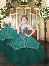 Dark Green Spaghetti Straps Neckline Beading and Embroidery Party Dress for Toddlers Sleeveless Lace Up