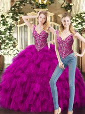 Graceful Floor Length Fuchsia Sweet 16 Quinceanera Dress Organza Sleeveless Beading and Ruffles